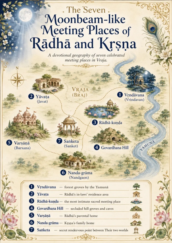 A hand-drawn devotional map titled “The Seven Moonbeam-like Meeting Places of Rādhā and Kṛṣṇa,” subtitled “a devotional geography of seven celebrated meeting places in Vraja.” The Yamunā winds down the right side past illustrated locations numbered 1 to 7: Vṛndāvana as forest groves by the river, Yāvaṭa as a walled residence, Rādhā-kuṇḍa as a lotus lake with a pavilion, Govardhana as a hill with caves, Varṣāṇā as temples on a hilltop, Nandagrāma as a village house, and Saṅketa as a small domed pavilion between them. A legend at the foot repeats each name with a short gloss.