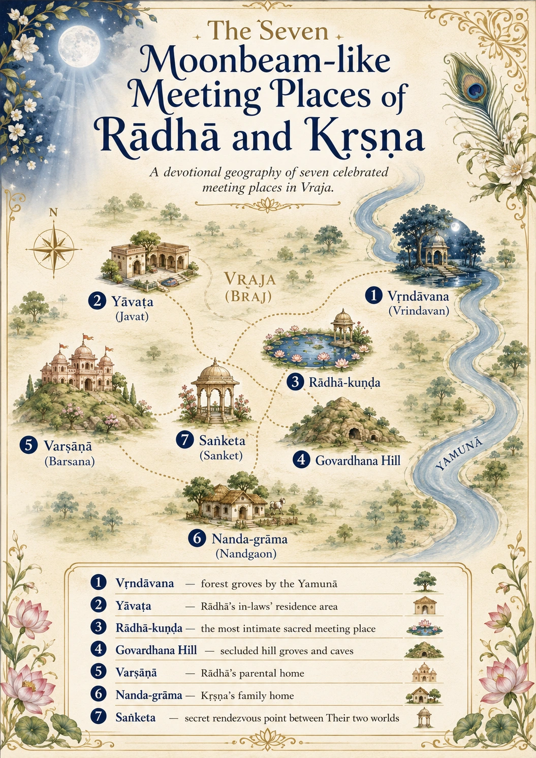 A hand-drawn devotional map titled “The Seven Moonbeam-like Meeting Places of Rādhā and Kṛṣṇa,” subtitled “a devotional geography of seven celebrated meeting places in Vraja.” The Yamunā winds down the right side past illustrated locations numbered 1 to 7: Vṛndāvana as forest groves by the river, Yāvaṭa as a walled residence, Rādhā-kuṇḍa as a lotus lake with a pavilion, Govardhana as a hill with caves, Varṣāṇā as temples on a hilltop, Nandagrāma as a village house, and Saṅketa as a small domed pavilion between them. A legend at the foot repeats each name with a short gloss.