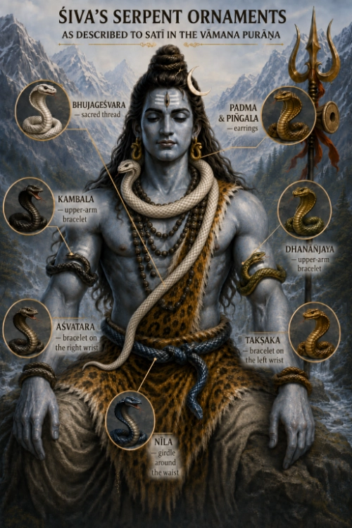 Diagram of Shiva’s serpent ornaments, naming Bhujageshvara as his sacred thread, Padma and Pingala as earrings, Kambala and Dhananjaya as armlets, Ashvatara and Takshaka as wrist bracelets, and Nila as his girdle