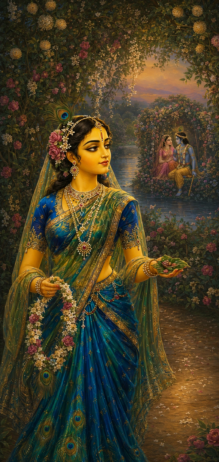 A devotional painting of Śrī Lalitā-devī standing in a flowering bower. Her complexion is a luminous golden yellow and she wears an iridescent blue-green sārī patterned with peacock eyes, with a peacock feather set in her dark hair beside white and pink blossoms, and gold and pearl ornaments at her neck, ears and wrists. In her right hand she holds a long garland of white flowers and pink roses; in her left she offers a folded betel leaf with areca nut. She looks across a river toward the far bank, where Rādhā in rose and Kṛṣṇa in yellow sit together inside a rose-covered arbour beneath a sunset sky.