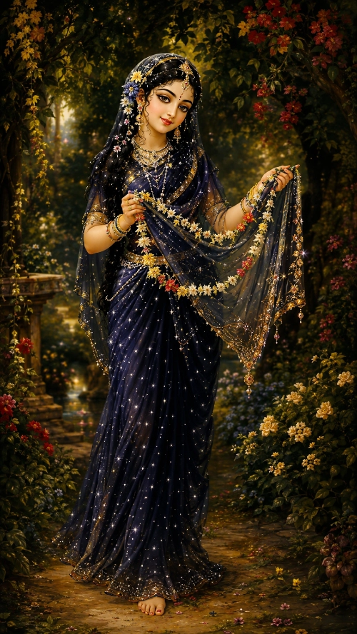 A devotional painting of Śrī Viśākhā-devī standing on a path in a dark flowering bower. Her complexion is golden and luminous; she wears a deep midnight-blue sārī and veil scattered all over with points of starlight, edged in gold, with gold and pearl ornaments at her neck, ears, arms and ankles, and a flower in her hair. She holds a long garland of yellow and white blossoms in both hands, drawing it across the folds of her veil, and looks down at it with a slight smile. Red and yellow flowering shrubs crowd the path on either side, and a stone balustrade and a stream are visible in the dim light behind her.