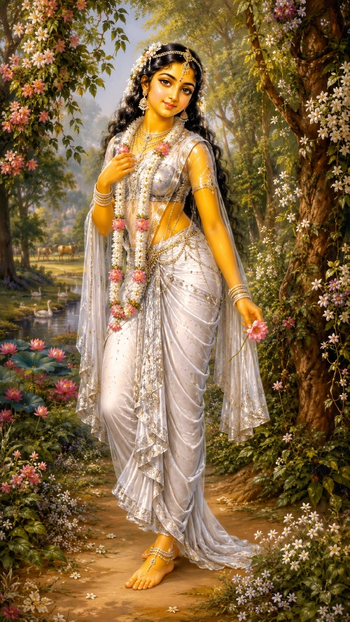 A young woman with a warm golden complexion standing on a woodland path in a flowering grove, wearing a sheer, gleaming white sari worked with silver, with pearl and gold ornaments, a long garland of white and pink flowers, and jasmine in her dark braided hair. She holds a pink lotus in her lowered right hand. Behind her a still pond carries pink lotuses and white swans, cows graze in a sunlit meadow beyond, and a great tree hung with white blossom and flowering creepers rises at her side.