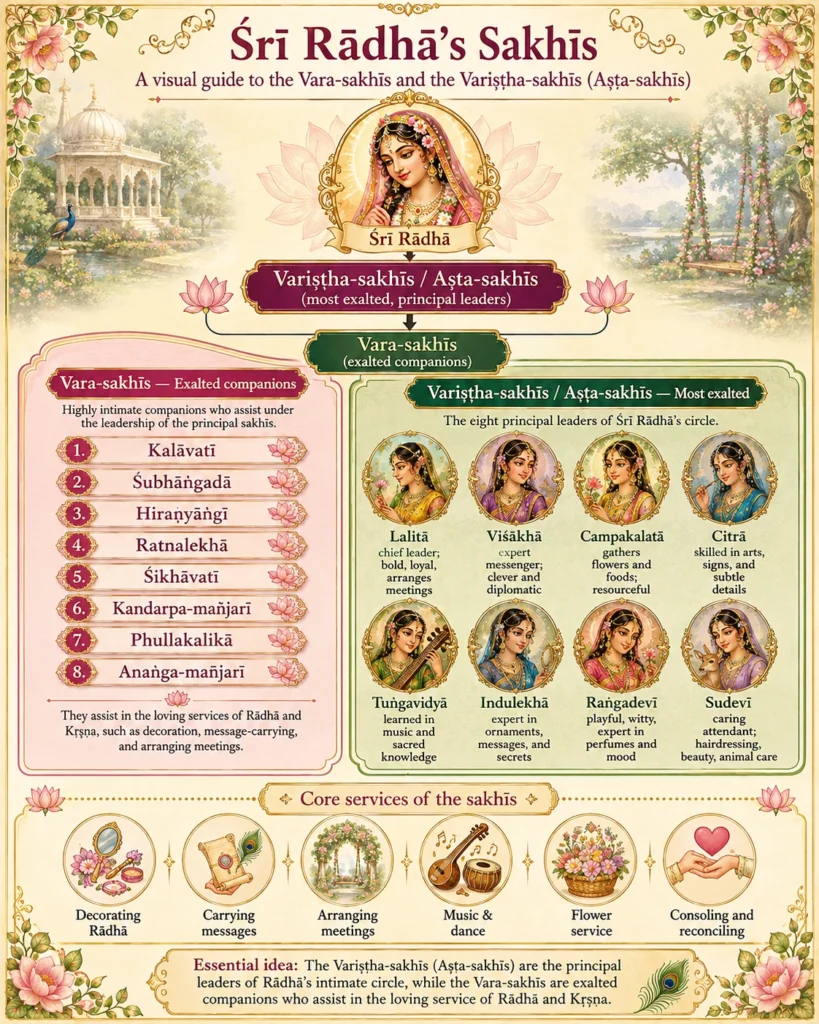 Chart of Śrī Rādhā’s sakhīs in two panels. On the left, the eight vara-sakhīs are listed by name — Kalāvatī, Śubhāṅgadā, Hiraṇyāṅgī, Ratnalekhā, Śikhāvatī, Kandarpa-mañjarī, Phullakalikā and Anaṅga-mañjarī — described as exalted companions who assist under the leadership of the principal sakhīs. On the right, the eight variṣṭha-sakhīs or aṣṭa-sakhīs appear as portraits with their characteristic services: Lalitā as chief leader, Viśākhā as messenger and diplomat, Campakalatā gathering flowers and foods, Citrā skilled in arts and subtle details, Tuṅgavidyā learned in music and sacred knowledge, Indulekhā expert in ornaments and secrets, Raṅgadevī playful and expert in perfumes, and Sudevī the caring attendant. A lower band shows six core services: decorating Rādhā, carrying messages, arranging meetings, music and dance, flower service, and consoling and reconciling.