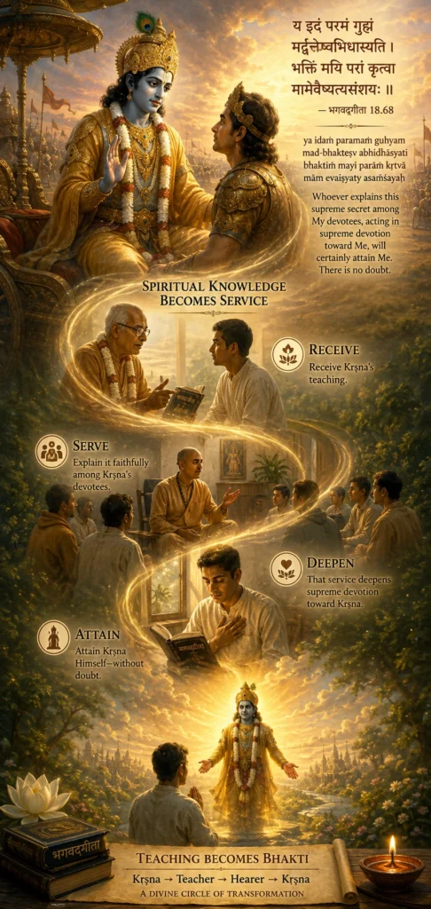 Tall infographic: Kṛṣṇa teaching Arjuna at the top with Bhagavad-gītā 18.68 in Devanāgarī, transliteration and translation; beneath, under the heading Spiritual Knowledge Becomes Service, a winding golden path through four numbered stations — Receive, Serve, Deepen, Attain — each with a scene of teaching, listening and study; at the foot, Teaching Becomes Bhakti, with the circuit Kṛṣṇa to teacher to hearer to Kṛṣṇa.