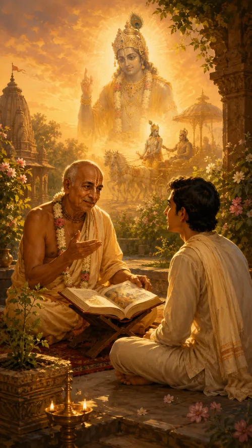 Kṛṣṇa speaks to Arjuna in golden light while devotees below listen and pass His teaching onward, illustrating the supreme secret being received and shared.
