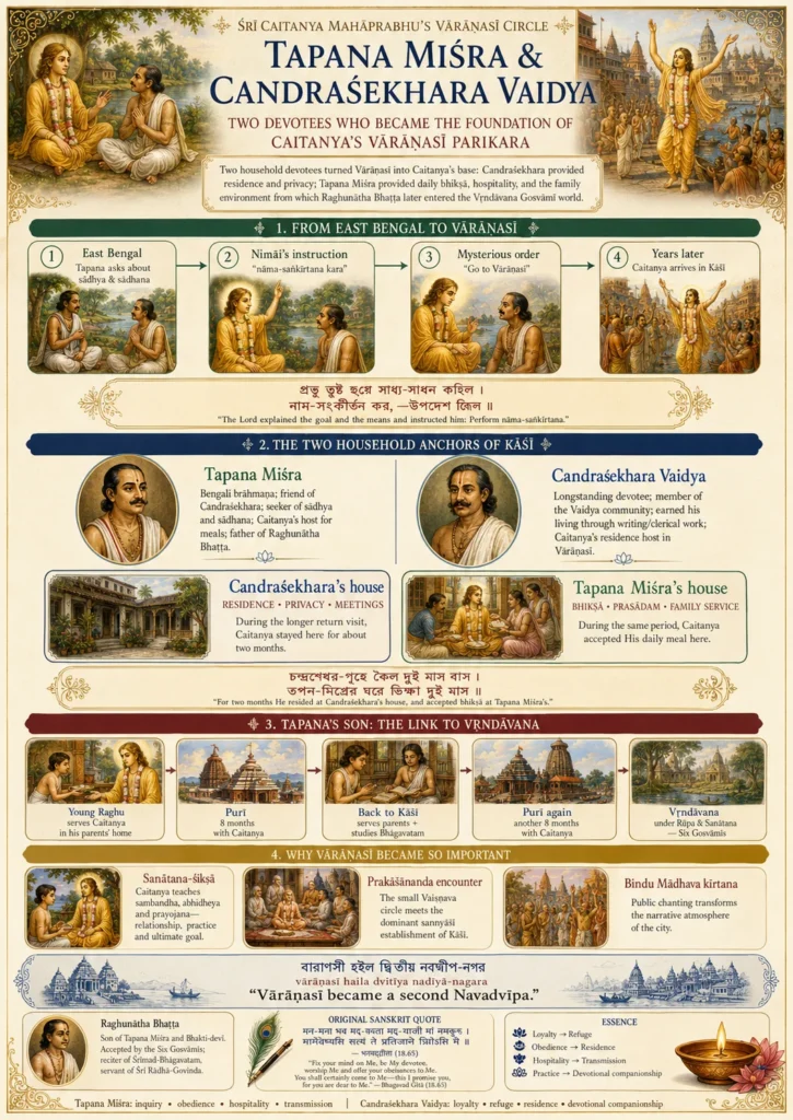 Four-part infographic on Śrī Caitanya Mahāprabhu’s Vārāṇasī circle: the journey from East Bengal to Vārāṇasī in four scenes; the two household anchors of Kāśī, with Candraśekhara providing residence and Tapana Miśra daily bhikṣā; Tapana’s son Raghunātha travelling from Kāśī to Purī and finally to Vṛndāvana; and why Vārāṇasī mattered — the Sanātana-śikṣā, the Prakāśānanda encounter and the Bindu Mādhava kīrtana — closing with the line that Vārāṇasī became a second Navadvīpa.