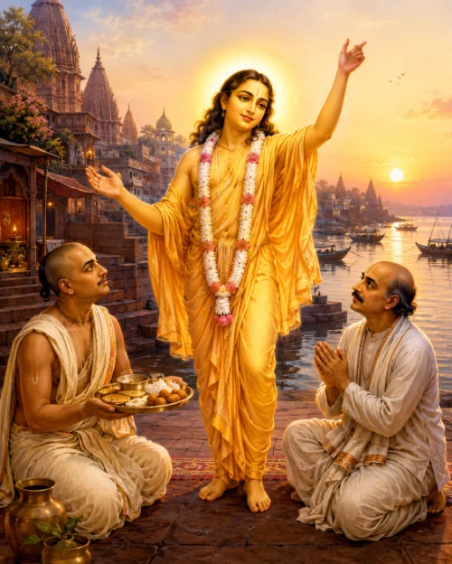 Śrī Caitanya Mahāprabhu in golden robes and a flower garland standing on the Vārāṇasī ghāṭs at sunset, one arm raised, with the Ganges and the city’s temple spires behind him; to his left a devotee kneels holding a tray of offered food, and to his right another sits with palms joined in añjali.