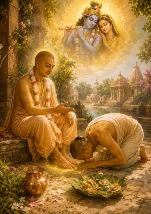 A devotee bows to touch his head to the feet of a seated Vaiśṇava, with a copper waterpot and a leaf plate of food remnants on the ground beside them; Rādhā and Kṛṣṇa appear in golden light above a riverside temple.