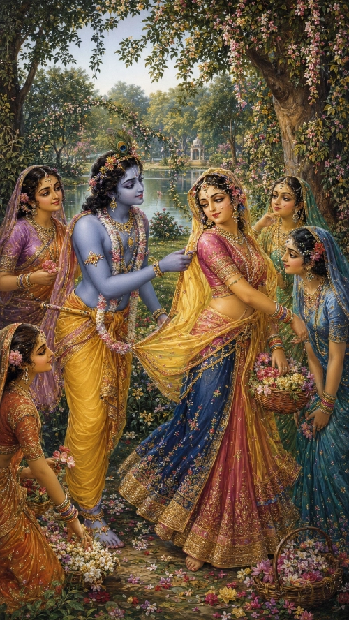 Kṛṣṇa, in a yellow dhotī and peacock crown, holds the end of Rādhā’s golden veil as She turns away from Him and glances back over Her shoulder. Five sakhīs stand and kneel around Them, two carrying baskets heaped with blossoms, and a lake and flowering trees fill the background of the grove.