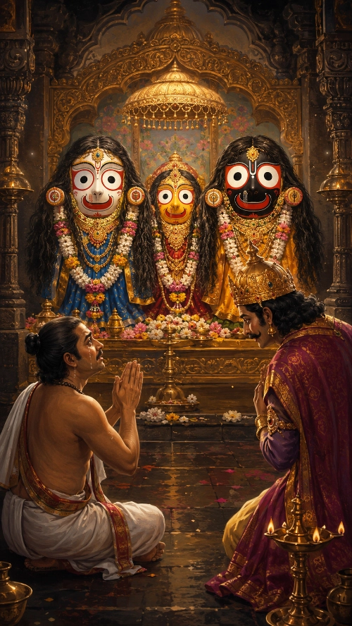 Jagannātha, Baladeva and Subhadrā on their altar with long flowing hair, the pūjārī kneeling with folded hands before them and the crowned king kneeling opposite