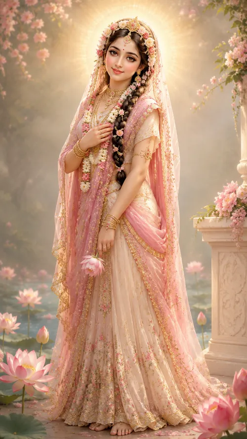 Śrī Rādhā standing among lotuses in a pink and gold lehenga with an embroidered veil, a garland of white and pink flowers at Her breast and a lotus in Her hand, haloed in golden light before a misty lotus pond.