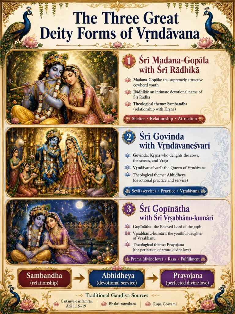 An illustrated chart of the three great Deity forms of Vṛndāvana: Śrī Madana-Gopāla with Śrī Rādhikā, Śrī Govinda with Vṛndāvaneśvarī, and Śrī Gopīnātha with Śrī Vṛṣabhānu-kumārī, each with its theological theme, above the progression sambandha, abhidheya, prayojana.