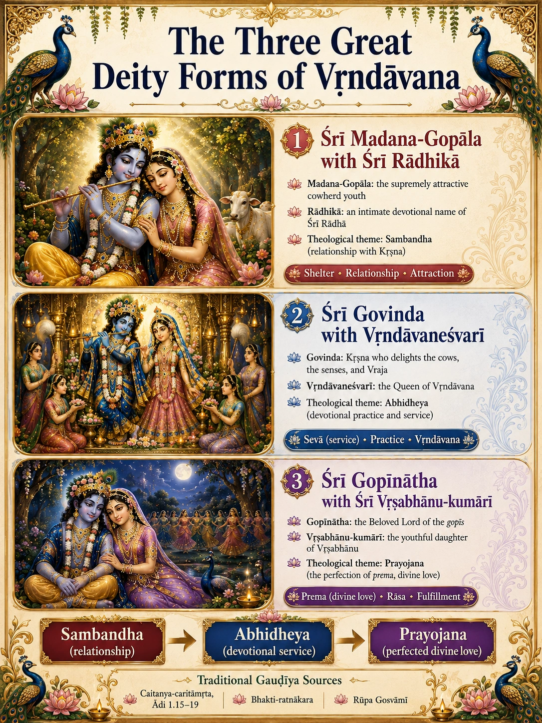 An illustrated chart of the three great Deity forms of Vṛndāvana: Śrī Madana-Gopāla with Śrī Rādhikā, Śrī Govinda with Vṛndāvaneśvarī, and Śrī Gopīnātha with Śrī Vṛṣabhānu-kumārī, each with its theological theme, above the progression sambandha, abhidheya, prayojana.