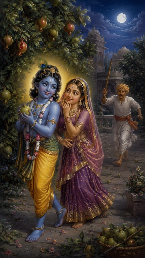 Kṛṣṇa holding a green pomegranate and slipping away with Rādhā beneath moonlit palace domes, while the gardener runs after them with a raised stick