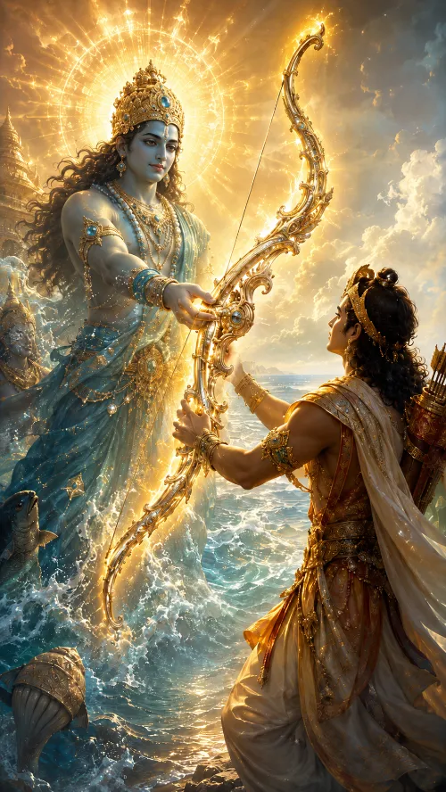 Varuṇa, blue-skinned and crowned, rising haloed from the sea amid fish and conch shells, holding out the ornate golden bow Gāṇḍīva; Arjuna stands on the shore in a gold dhoti with a quiver of arrows at his back, reaching up with both hands to receive it.