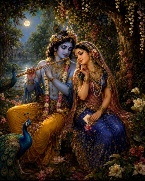 Kṛṣṇa playing his flute beside Śrī Rādhā in a moonlit flowering bower on the Yamunā; he wears a yellow dhotī and peacock feather, she is dressed in blue and gold and holds a folded letter, and peacocks and lotuses fill the foreground.