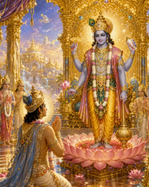 A devotional painting of Vaikuṇṭha. Four-armed Nārāyaṇa stands on a great pink lotus within a golden temple, wearing a tall jewelled crown with a peacock feather, a yellow silk dhotī and long garlands of flowers; He holds a disc and a conch in His upper hands, a lotus in one lower hand and a club at His side. A crowned associate kneels before Him on the marble floor with palms joined, wearing gold ornaments and a blue-grey shawl. Two more associates stand at the left and one at the right, all garlanded and jewelled. Beyond the golden arches, spired palaces rise through clouds under a violet and gold sky, with white birds in flight.