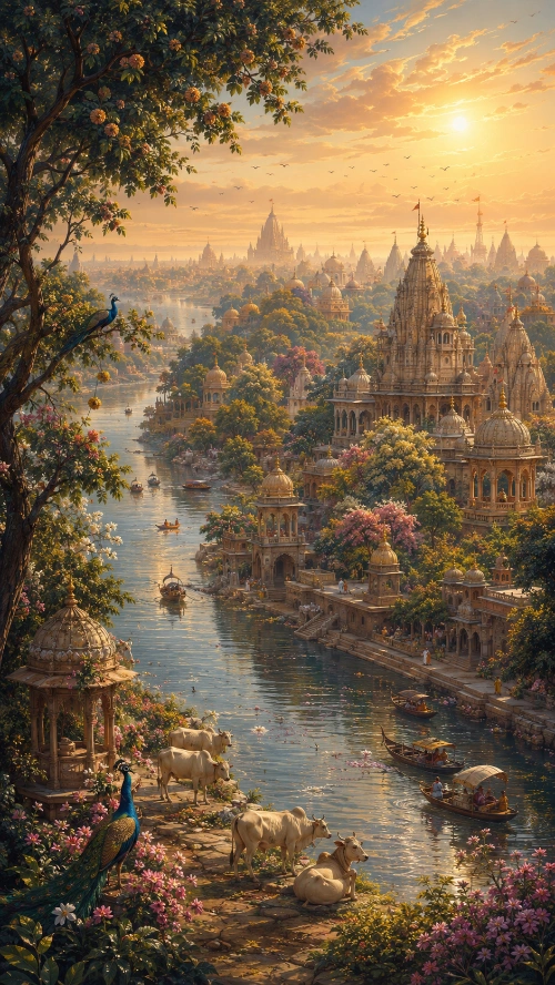 A panoramic view of Vṛndāvana at golden hour: the Yamunā winding past stone ghats and boats, temple śikharas rising among flowering trees along both banks, cows resting on the near shore and peacocks in the foreground.