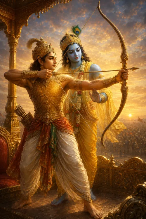 Kṛṣṇa stands close behind Arjuna and steadies him as he draws the bow, the two figures acting as one above the battlefield at sunset.