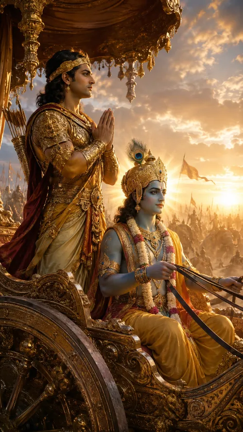 Arjuna stands with palms joined in the chariot at sunrise while Kṛṣṇa sits at the reins below him, the armies of Kurukṣetra ranged behind them under a golden sky.