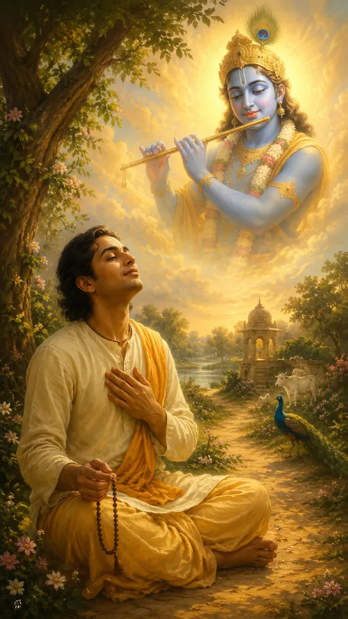 A devotee sits beneath a flowering tree with japa beads in one hand and the other at his heart, looking up as Kṛṣṇa plays the flute in golden light above a riverside shrine, with a peacock on the path behind him.