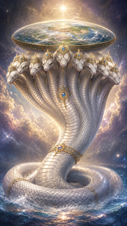 Ananta Śeṣa as a white many-hooded serpent with jewelled crowns, bearing the disc of the earth upon his hoods against a starlit cosmos