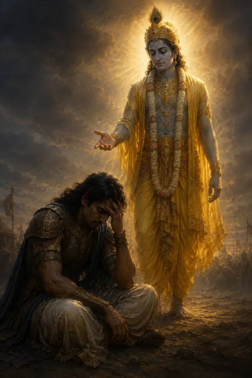 Arjuna sits slumped on the battlefield in the half-dark, head in his hand and armour dulled, while Kṛṣṇa stands beside him radiant in gold with one hand extended toward him; banners and massed armies recede into the smoke behind them.
