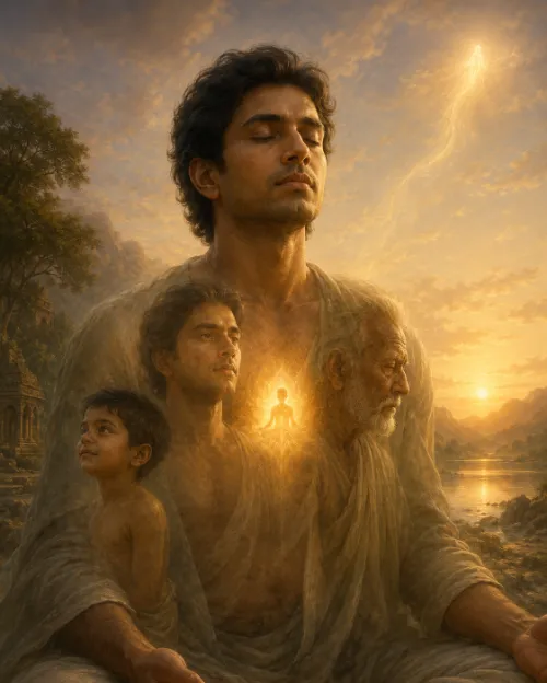 A seated figure in meditation with a child, a young man and a white-bearded elder emerging from the same form around him, and a small luminous figure at his heart, above a river at sunset.