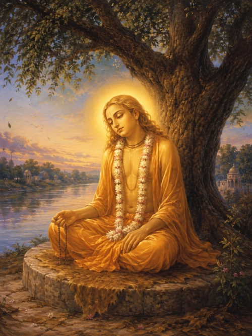 Śrī Caitanya Mahāprabhu seated cross-legged in meditation on a stone platform beneath a large old tamarind tree, in saffron robes with a white flower garland and a golden halo, eyes lowered and japa beads in His right hand, while the Yamunā flows behind Him at sunset with distant temple spires on the far bank.