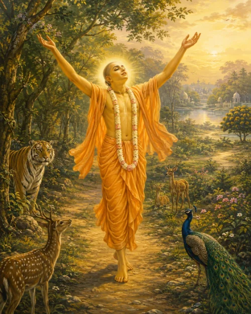 Śrī Caitanya Mahāprabhu walking a forest path through Jhārikhaṇḍa in saffron robes and a flower garland, both arms raised and eyes closed in ecstatic chanting, while a tiger, spotted deer and a peacock stand peacefully along the path and a river and distant temple domes catch the low golden light.
