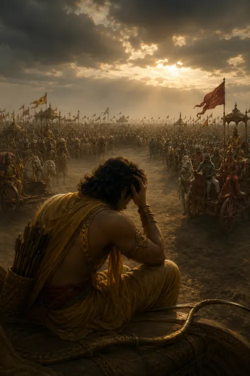 A warrior in golden dress sits with his head resting in his hand and his bow set down beside him, facing the massed armies and banners of the battlefield under a heavy sky.