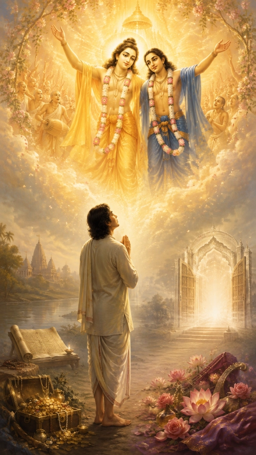 A devotee with folded hands looks up past four things set around him — an open scripture, a chest of treasure, heaped flowers and a glowing gateway — toward Śrī Caitanya and Śrī Nityānanda with arms raised in golden light above.