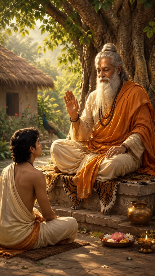An elderly guru with a long white beard and topknot sits cross-legged on a tiger skin spread over a stone platform beneath a large tree, wearing a saffron upper cloth over a cream dhotī and two strands of tulasī beads, his right hand raised in the gesture of teaching. A young disciple in a cream cloth sits lower on a mat on the ground before him, turned upward in attention. Behind them stand a thatched cottage and a peacock; beside the step are a brass water pot, a tray of white and pink flowers and a lit oil lamp in the morning light.