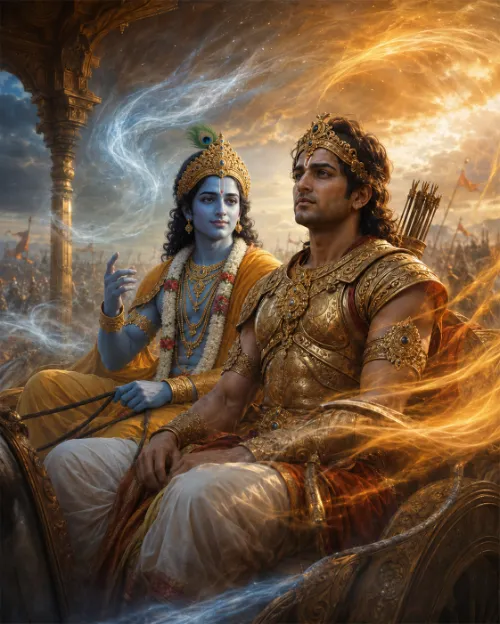 Kṛṣṇa holds the chariot reins and raises a hand in instruction beside Arjuna in golden armour, currents of cool blue and hot orange light streaming past them above the battlefield.