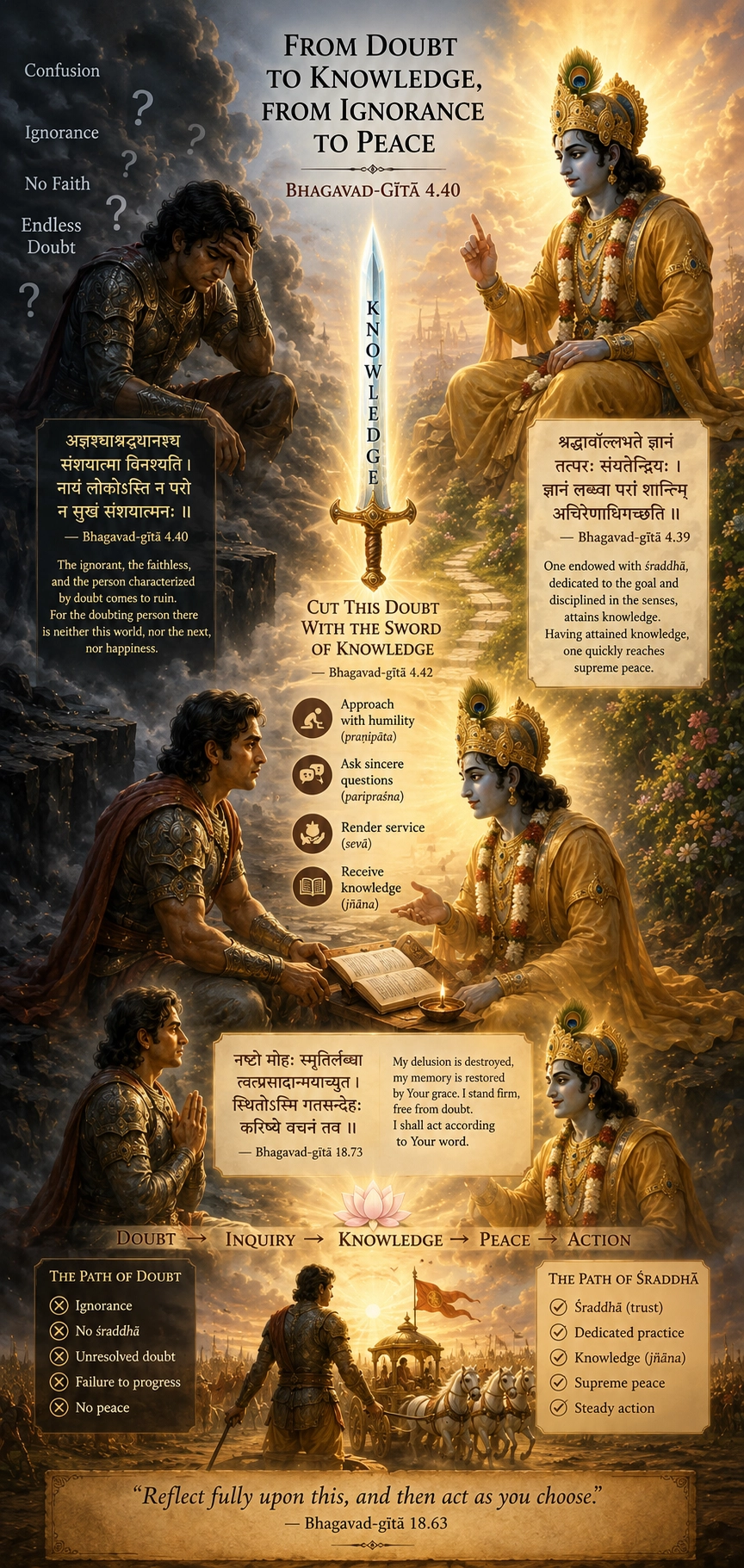 Infographic titled From Doubt to Knowledge, From Ignorance to Peace, on Bhagavad-gītā 4.40: a luminous sword labelled Knowledge down the centre, a shadowed Arjuna on the left marked confusion, ignorance, no faith and endless doubt, Kṛṣṇa teaching on the right, verse panels for 4.40, 4.39 and 18.73, a band reading faith, inquiry, knowledge, peace, action, and two closing columns contrasting the path of doubt with the path of śraddhā.