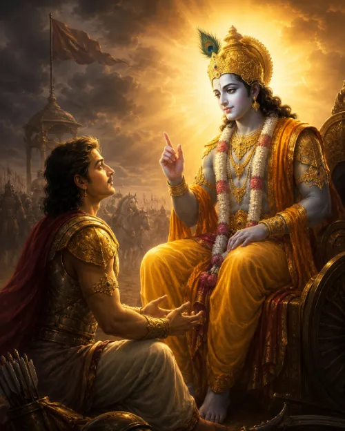 Arjuna kneels before Kṛṣṇa on the battlefield as his doubt is resolved, the shadow behind him giving way to golden light.