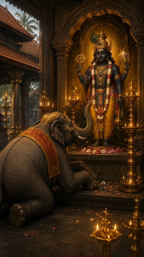 A caparisoned elephant kneeling with its trunk raised before the four-armed Deity of Guruvāyūrappan, brass oil lamps burning in a Kerala temple shrine