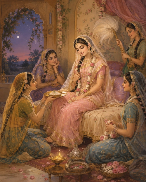 Śrī Rādhā sits on a cushioned couch in a lamplit interior at dusk, a crescent moon visible through the arch behind Her. One maidservant kneels before Her holding up a golden plate of food; a second stands behind with a tall white cāmara; a third sits at the right with flowers in her lap, and a fourth rests her chin on her hand, watching. A lit ghee lamp and dishes of blossoms stand on the floor.