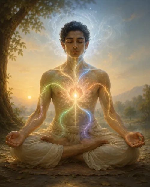 A man seated in meditation beneath a tree at sunrise, luminous coloured currents flowing through his body and converging on a single point of white light at his heart.