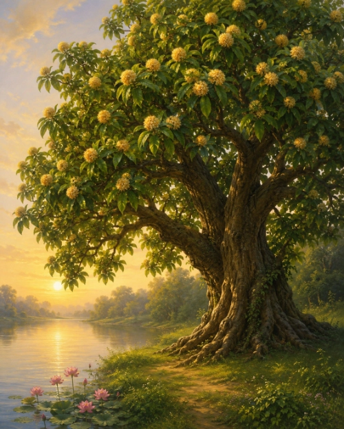 A great kadamba tree in full golden bloom, its spherical yellow flower clusters among broad green leaves and its gnarled trunk rooted at the edge of a still river; pink lotuses float near the bank, a dusty path runs beside the water, and the sun sits low over distant trees.