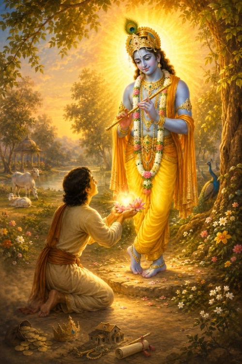 A devotee in a plain cream dhotī kneels on a stone step and lifts a glowing lotus in cupped hands towards Kṛṣṇa, who stands before him in golden silk with a flute, a long flower garland and a peacock-feather crown, haloed in radiant light. On the ground in the foreground lie the things not being offered: an overturned pot spilling gold coins, a golden crown, a jewelled ornament, a model of a house and a rolled deed. A peacock rests beside the tree at right, and cows graze by a river in the meadow behind.