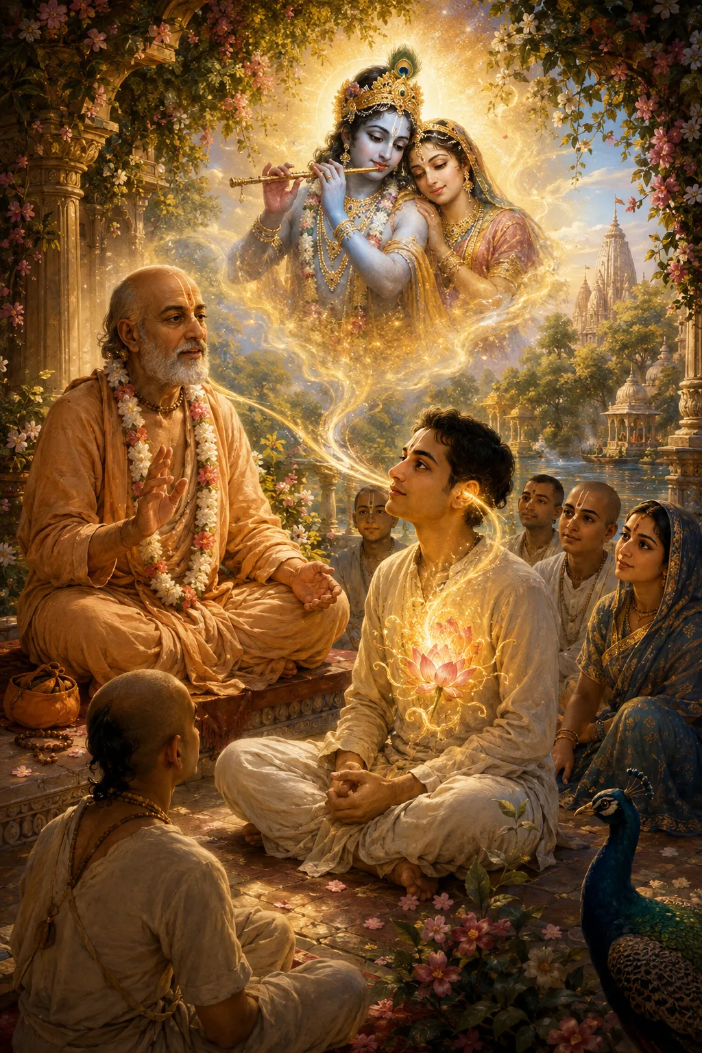 An elderly sādhu speaks from a raised seat as a ribbon of golden light passes to a young listener, in whose chest a lotus of light has begun to open; other listeners sit nearby, and Rādhā and Kṛṣṇa appear in radiance above.