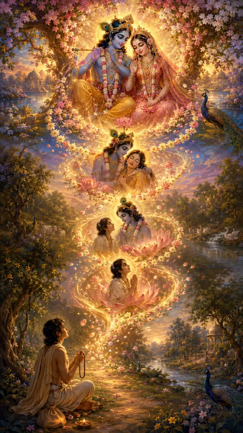 A devotional painting of an ascending spiral of golden light. At the bottom a young devotee in cream and ochre cloth sits cross-legged on a woodland path beneath a great tree, japa beads in his hand, gazing upward; a small lit lamp and a cloth bundle rest beside him. Rising from him, four haloed scenes ringed with flowers and lotuses show love deepening by stages: a single figure with folded hands on a lotus; then that figure beside Kṛṣṇa; then Rādhā and Kṛṣṇa leaning together; and at the top Rādhā in rose and gold seated with blue-complexioned Kṛṣṇa, who wears a peacock-feather crown and holds his flute, the two of them enclosed in a bower of pink blossom. A river, grazing cows, swans, peacocks and distant temple domes fill the landscape on either side.