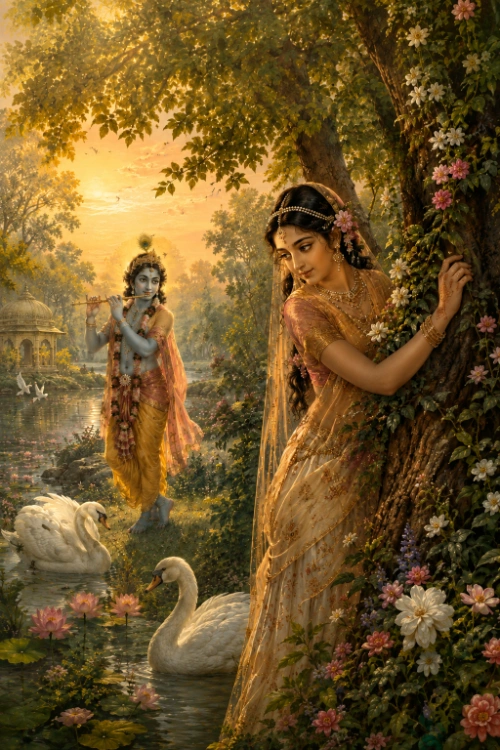 Rādhā half-hidden behind a flowering tree at sunset, turned away with lowered eyes, while Kṛṣṇa plays his flute across a lotus pond where two swans glide; a domed pavilion stands among the trees behind him.