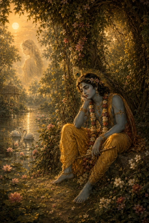 Kṛṣṇa sitting alone and dejected in a flowering bower beside the moonlit Yamunā, his chin resting on his hand and his flute held idle across his lap, while a translucent apparition of Rādhā hovers in the mist among the trees behind him; swans and lotuses float on the water.
