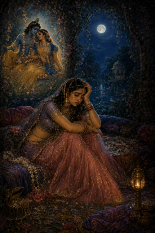 Rādhā sits alone on cushions in a moonlit bower, dressed in rose and gold, her head resting heavily on one hand and her eyes lowered in dejection. A lantern burns on the ground beside her and the full moon stands over the river and a distant pavilion. In the upper left, framed by flowering vines like a vision rather than a scene, Kṛṣṇa sits embracing another woman — the rival Rādhā imagines but has never seen.