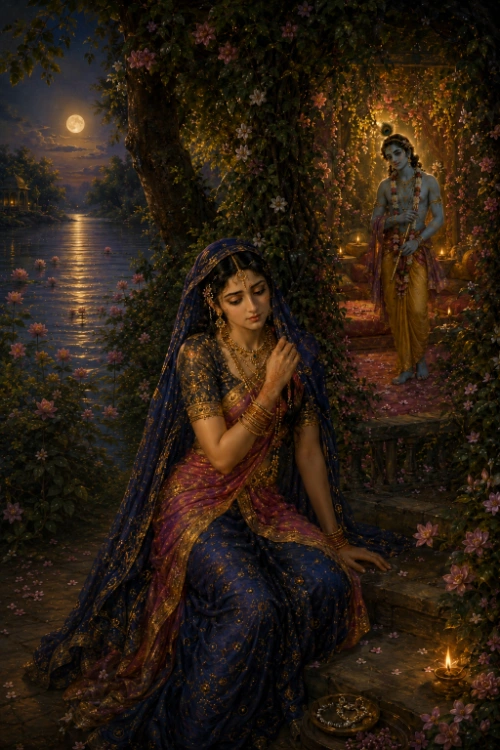 Rādhā sits alone on a moonlit stone terrace beside the Yamunā, wrapped in a deep blue and rose sari with a veil drawn over her hair, her hand at her breast and her eyes lowered in hesitation. The full moon lays a path of light across the water behind her, lotuses float at the bank, and small lamps burn among fallen petals. Through a flowering bower to the right Kṛṣṇa stands waiting in a lamplit pavilion, garlanded and holding his flute, watching for her.