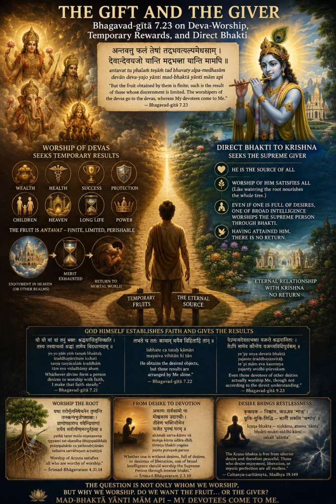 Infographic titled The Gift and the Giver: Bhagavad-gītā 7.23 at the top with Kṛṣṇa; on the left, worship of the devas and the finite results it seeks — wealth, health, success, protection, children, karma, longevity, power — marked antavat; on the right, direct bhakti to Kṛṣṇa as the supreme Giver; a central figure between temporary fruits and the eternal source; verses beneath on Kṛṣṇa establishing faith and sanctioning results, with panels on worshiping the root, from desire to devotion, and delegated authority.