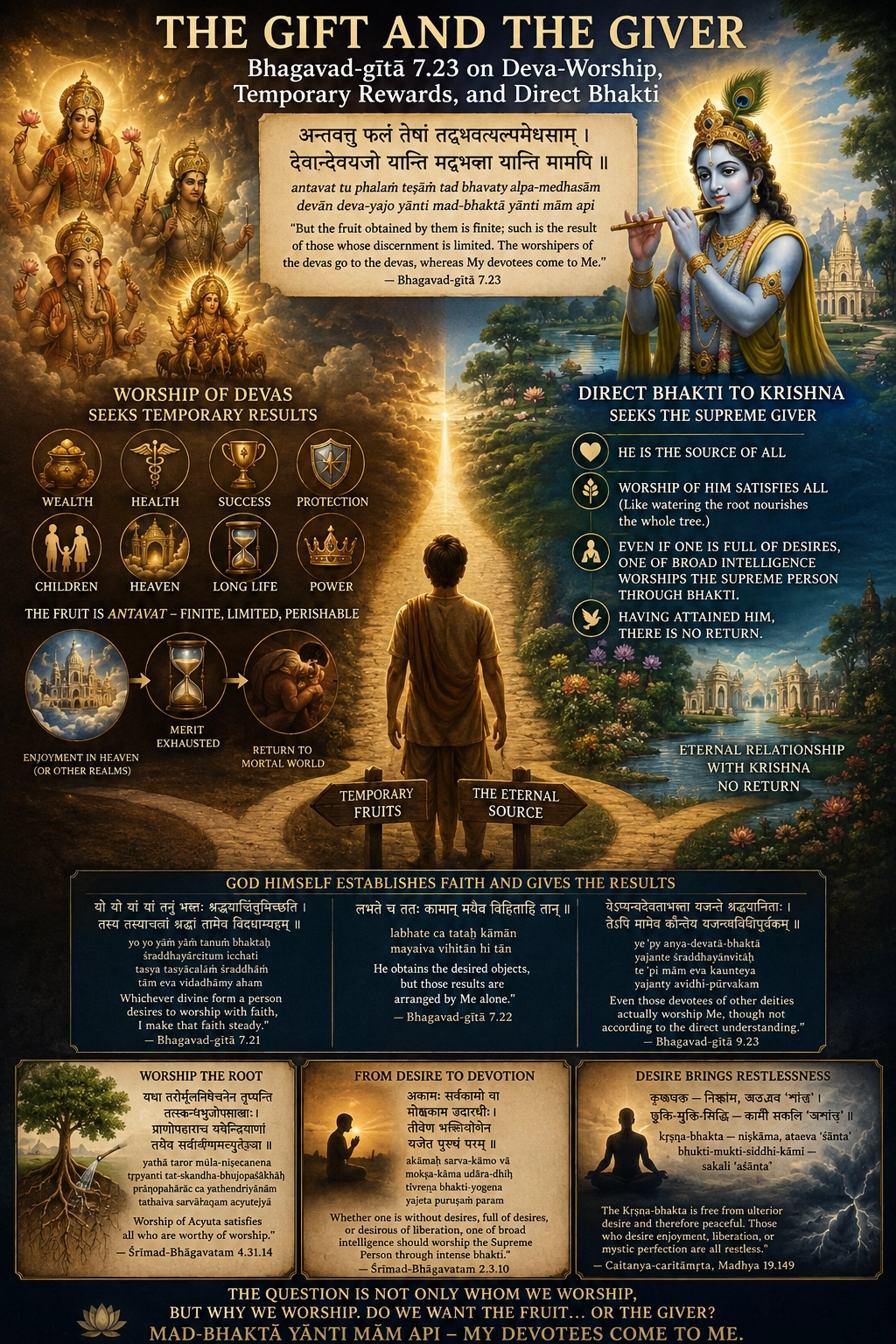 Infographic titled The Gift and the Giver: Bhagavad-gītā 7.23 at the top with Kṛṣṇa; on the left, worship of the devas and the finite results it seeks — wealth, health, success, protection, children, karma, longevity, power — marked antavat; on the right, direct bhakti to Kṛṣṇa as the supreme Giver; a central figure between temporary fruits and the eternal source; verses beneath on Kṛṣṇa establishing faith and sanctioning results, with panels on worshiping the root, from desire to devotion, and delegated authority.