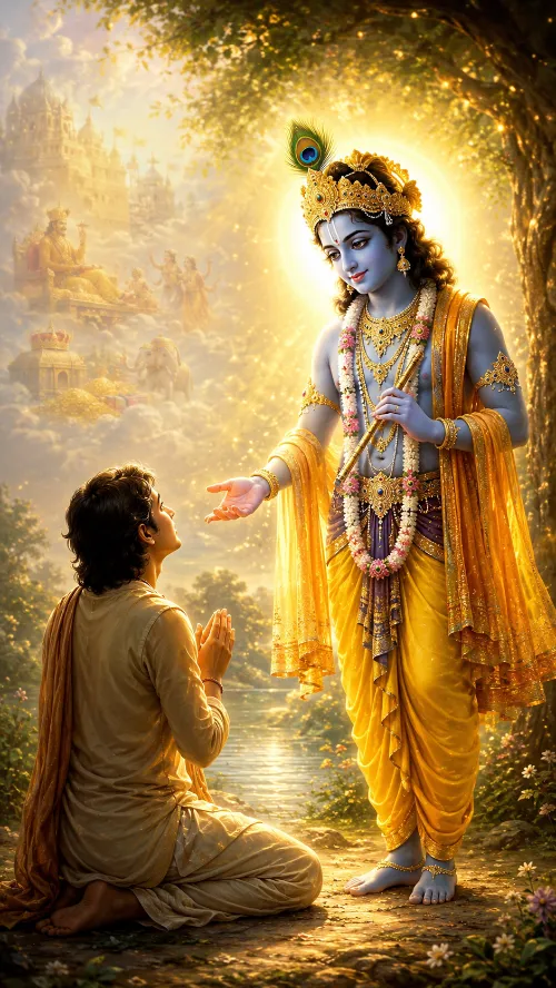 A devotee stands between two paths beneath a golden sky — on one side the offerings and rewards of deva-worship, on the other Kṛṣṇa Himself — illustrating the choice between the divine gift and the divine Giver.
